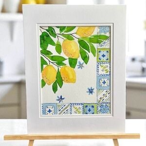 Hand-Made New Watercolor Art Lemons and Tiles
